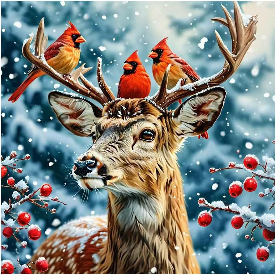 #12: NEW Elk with Cardinals (Full drill - round diamonds) 10"x10"