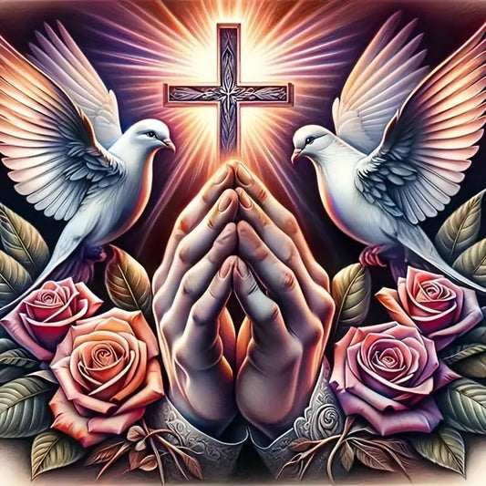 NEW Praying Hands Cross (Full drill - round diamonds) 10"x10"