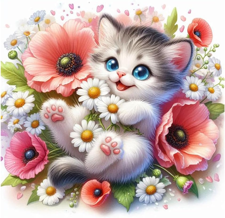 #2: NEW Kitten in Flowers (Full drill - round diamonds) 10"x10"