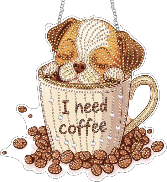 NEW I Need Coffee Pup Hanging Pendant - 7"