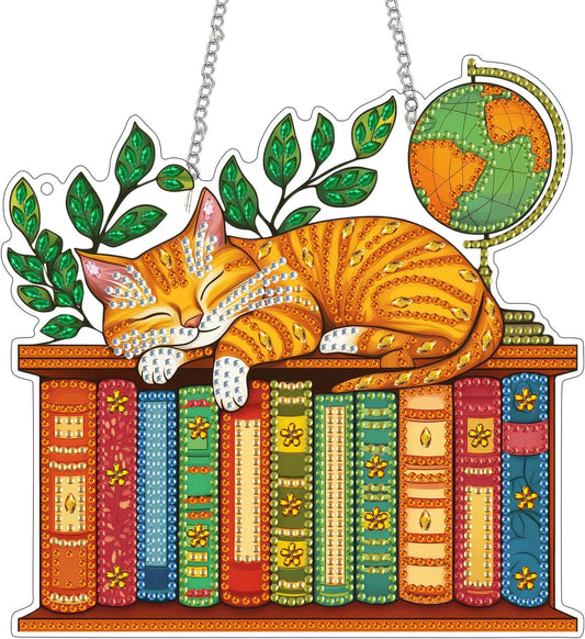 NEW Sleeping Cat on Books Hanging Pendant - 7"