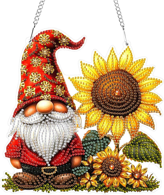 NEW Gnome w/ Sunflower Hanging Pendant - 7.5"