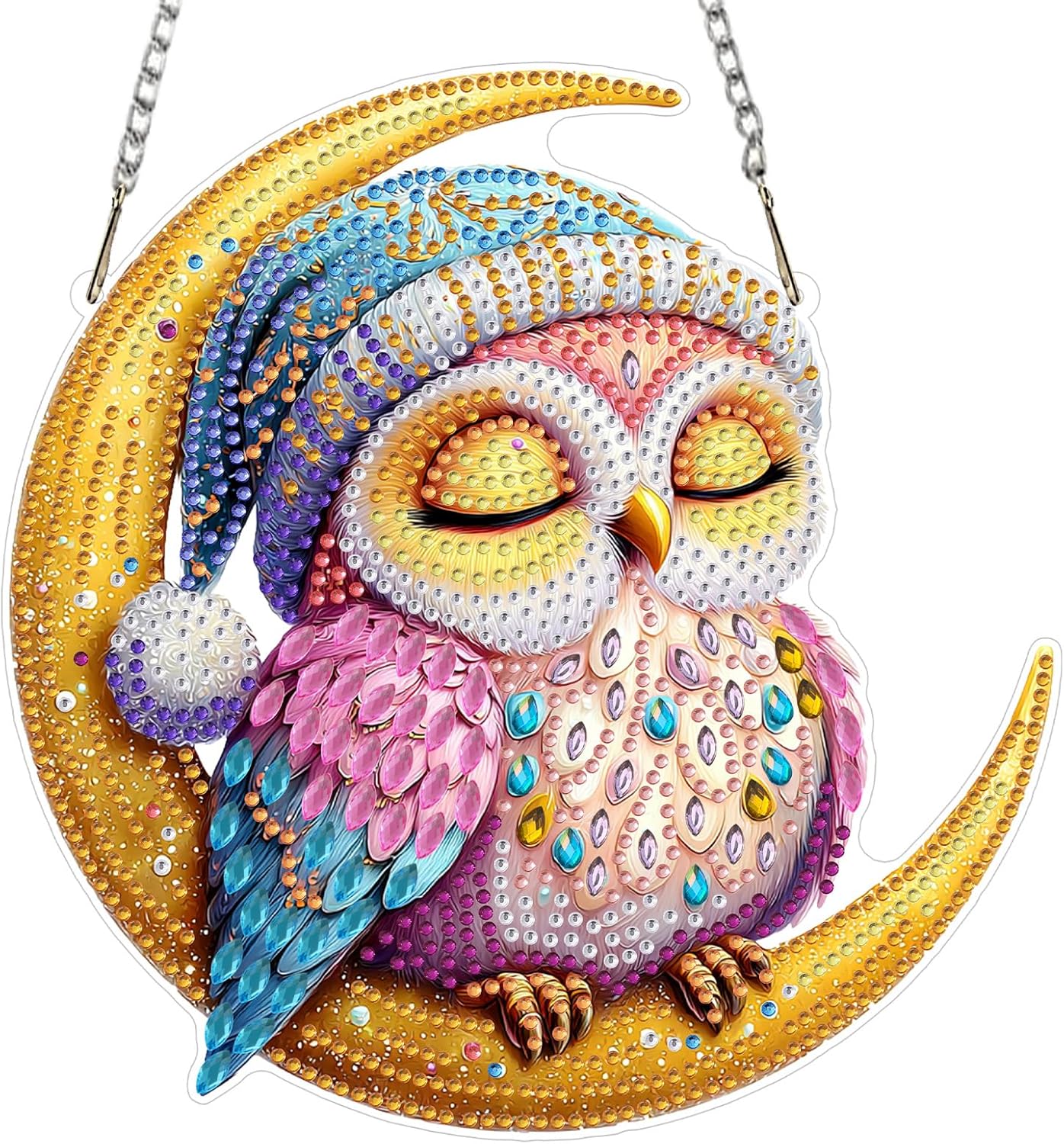Sleepy Moon Owl Hanging Pendant - 8"