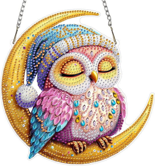 4/14 #5: Sleepy Moon Owl Hanging Pendant - 8"