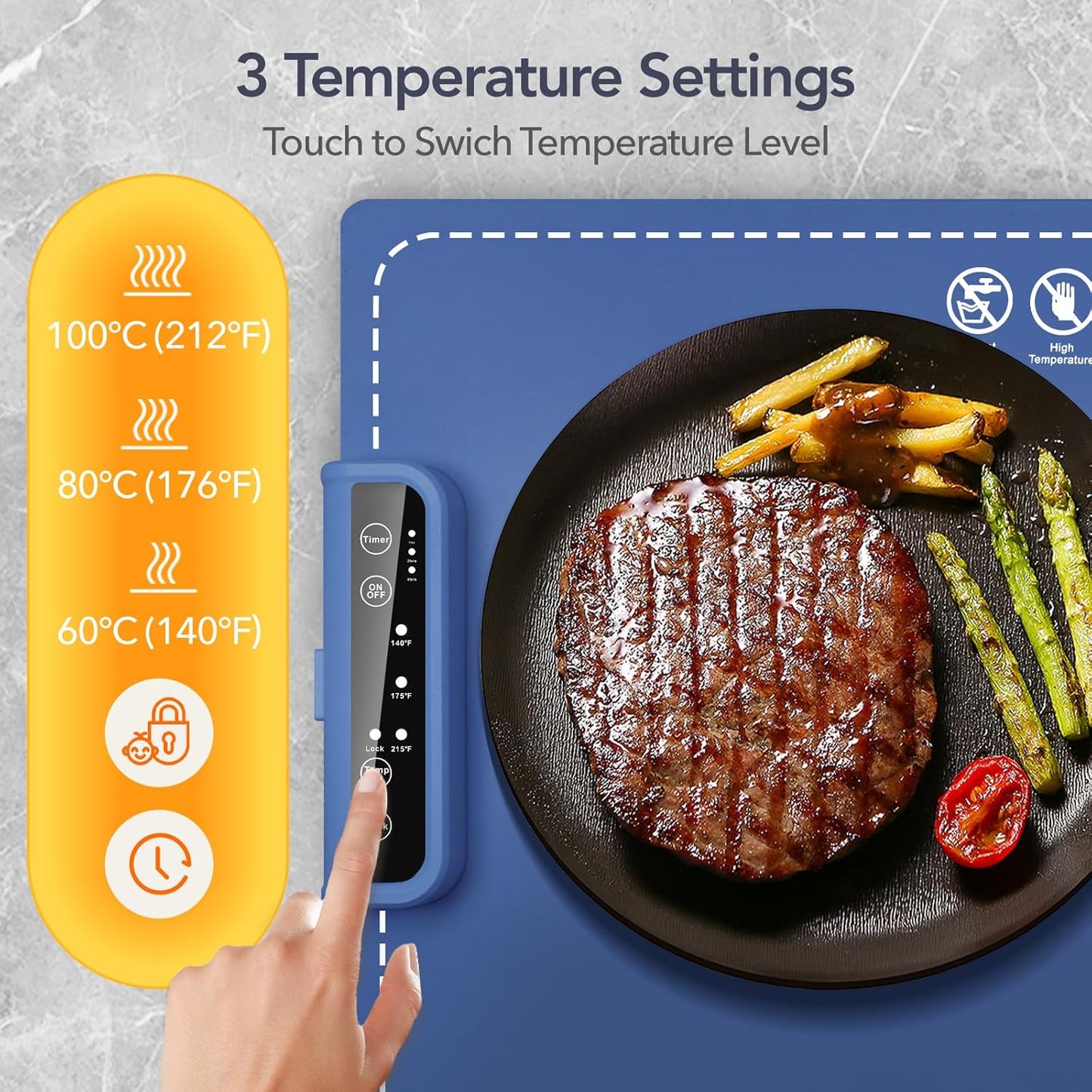 Countertop Food Warming Mat - 3 Temperatures (140/176/212°F), 1/2/4-H Timer, Roll-Up