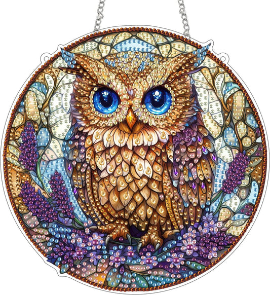 NEW Owl w/ Purple Flowers Hanging Pendant - 7"